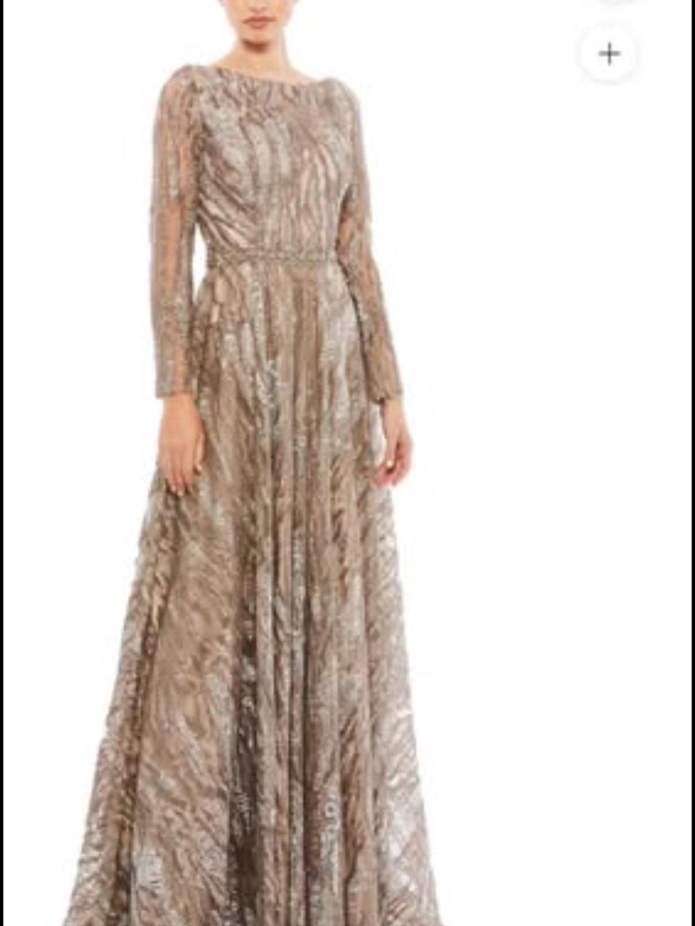 Mac Duggal Metallic Taupe Long-Sleeve Evening Gown